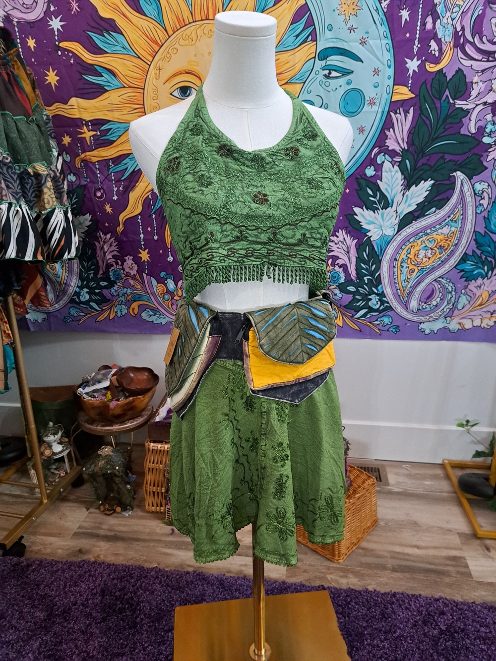 Mossleaf Wanderer Festival Outfit | Embroidered Halter Set & Leaf Utility Pouch